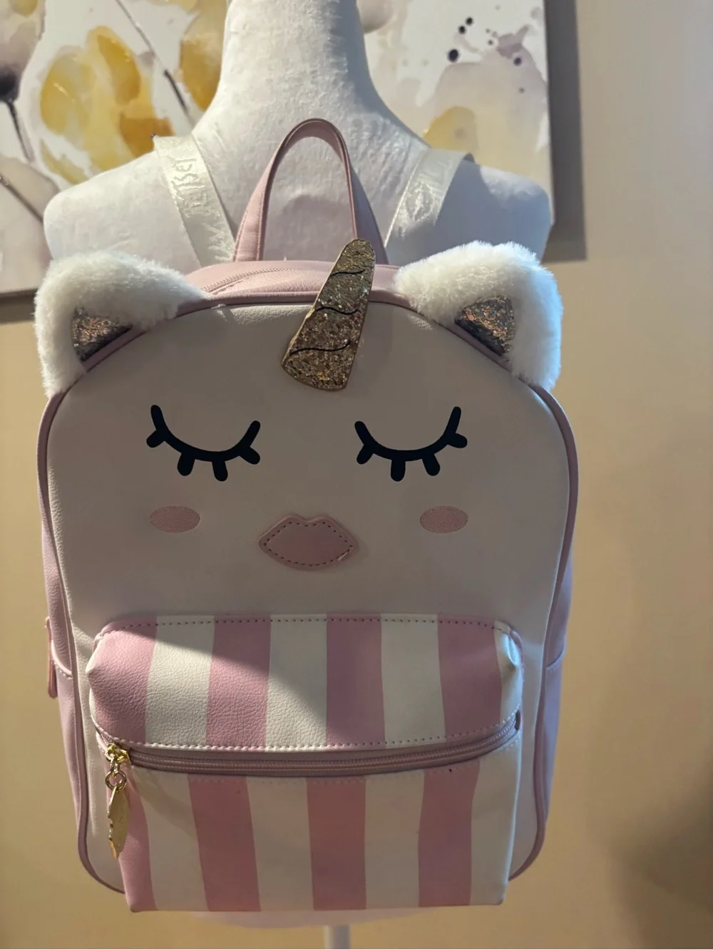 Kids Pink Unicorn Stripe Backpack with Faux Fur Ears